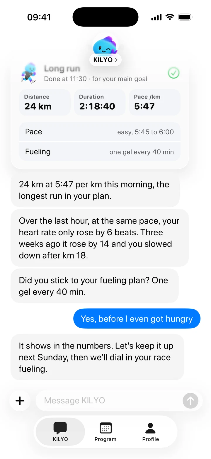 The conversation with KILYO in the app: the review of a 24 km long run and the fueling plan